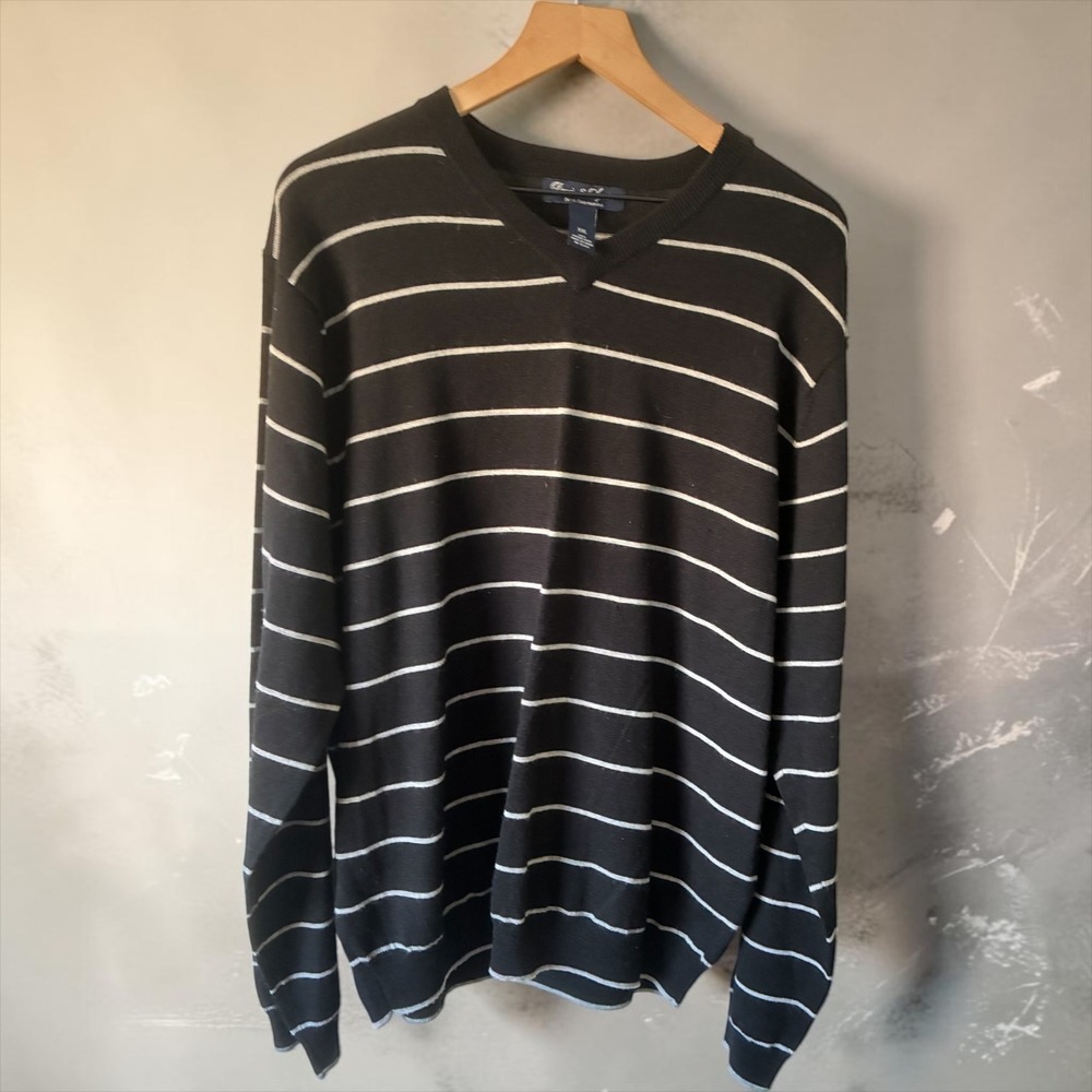 Davis & Squire Mens XXL Extra Fine Merino Wool V-Neck StripeSweater Black White